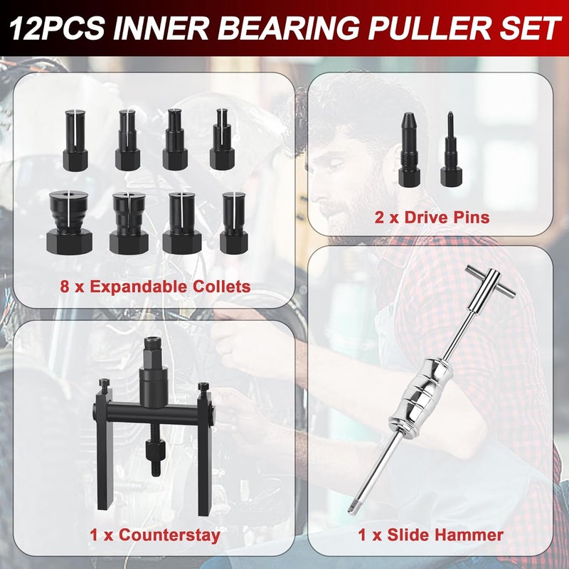 ACIMOD 12pcs Motorcycle Blind Hole Bearing Puller Kit, Motorcycle Slide Hammer Puller Set, Pilot Insert Inner Bearing Remover Tool with 8-32mm Collets - Image 2